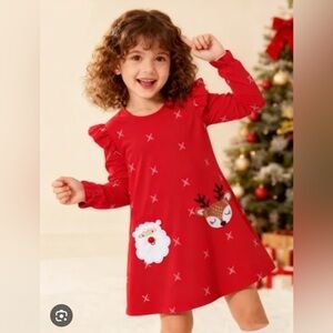 Red Christmas Festive Holiday Dress with Santa and Reindeer | 5T